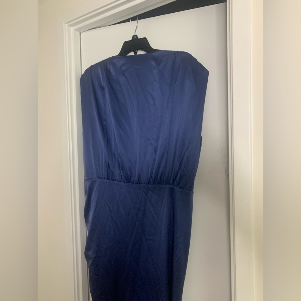 Veronica Beard Blue Satin Asymmetrical Ruched Dress Flawed - Picture 9 of 12